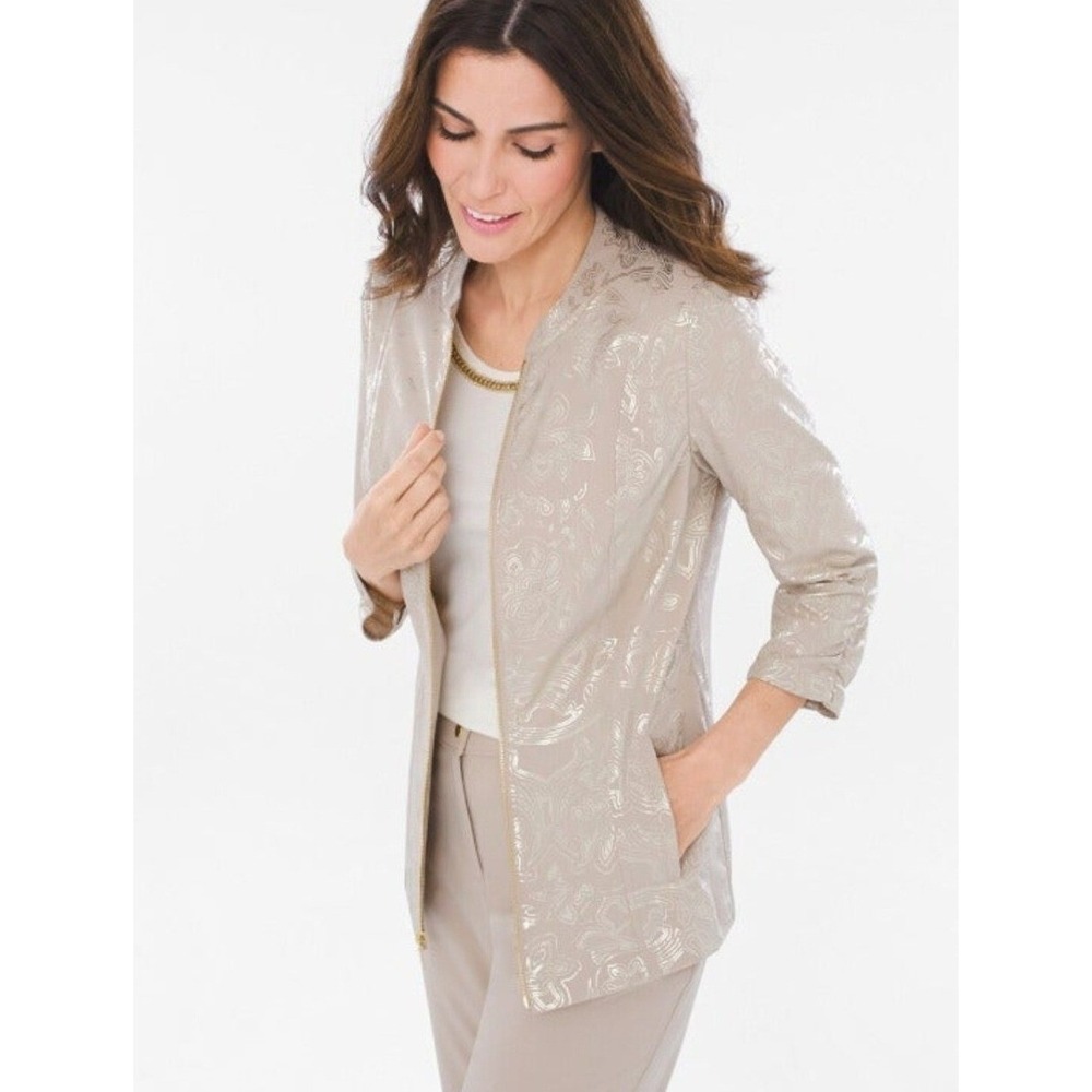 Chicos Zenergy Neema Jacket XL Tibet Taupe Gold Foil Stencil Print Zip‎ Glam NWT